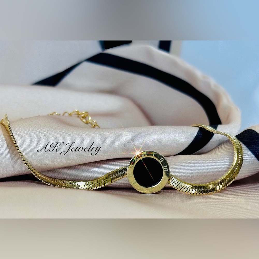 💎18k BRACELET Roman Numeral Bracelet with Black Inlay and Herringbone Ch…